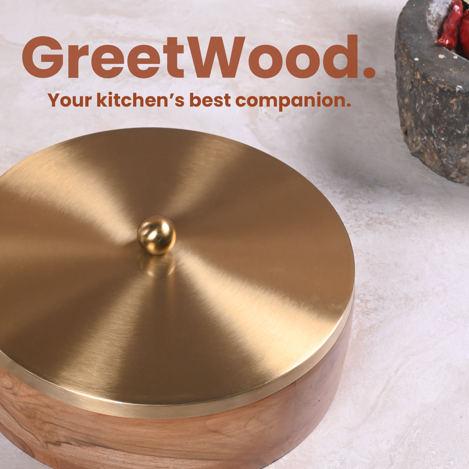 Greetwood Brass Lid Wooden Masala Box for Kitchen