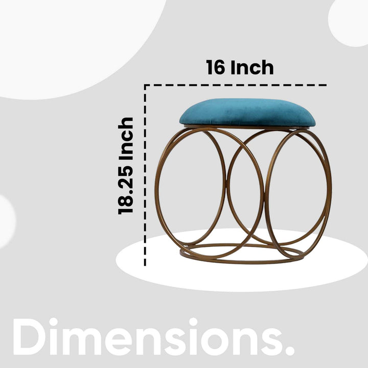 Modern Hexa-Style Golden Metal Stool in Teal Blue Cushion Set of 2
