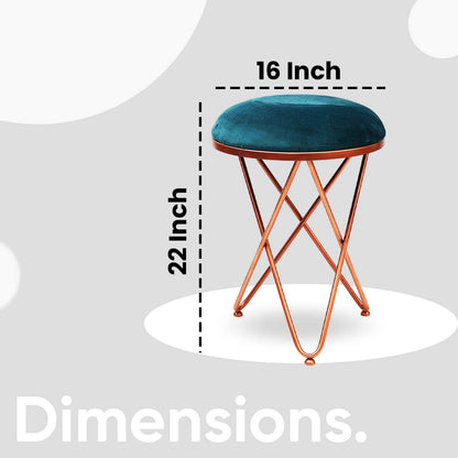 Ultra-modern Cross Leg Rose Gold Metal Stool in Teal Blue Cushion Set of 2