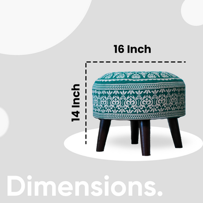 Contemporary Mandala Wooden Tuffet in Teal Blue Color Set of 2