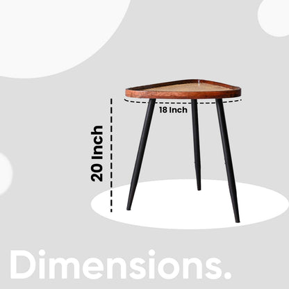 Walnut Triangular Mango Wood Resin Side Table with Metal Legs