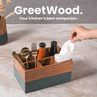 Greetwood Wooden Cutlery Holder for Kitchen in Leather Accent