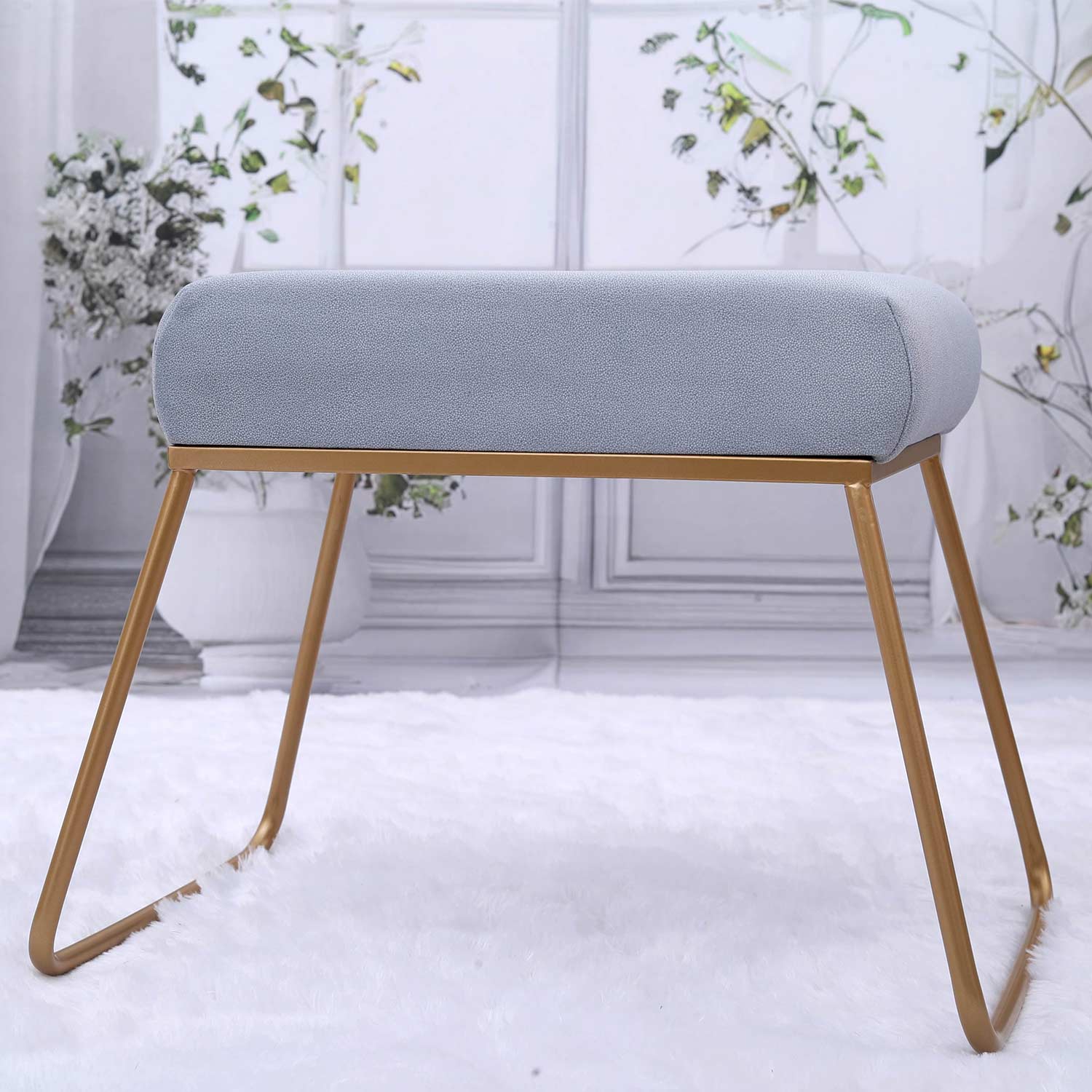Classy and Compact Golden Metal Stool in Grey Cushion