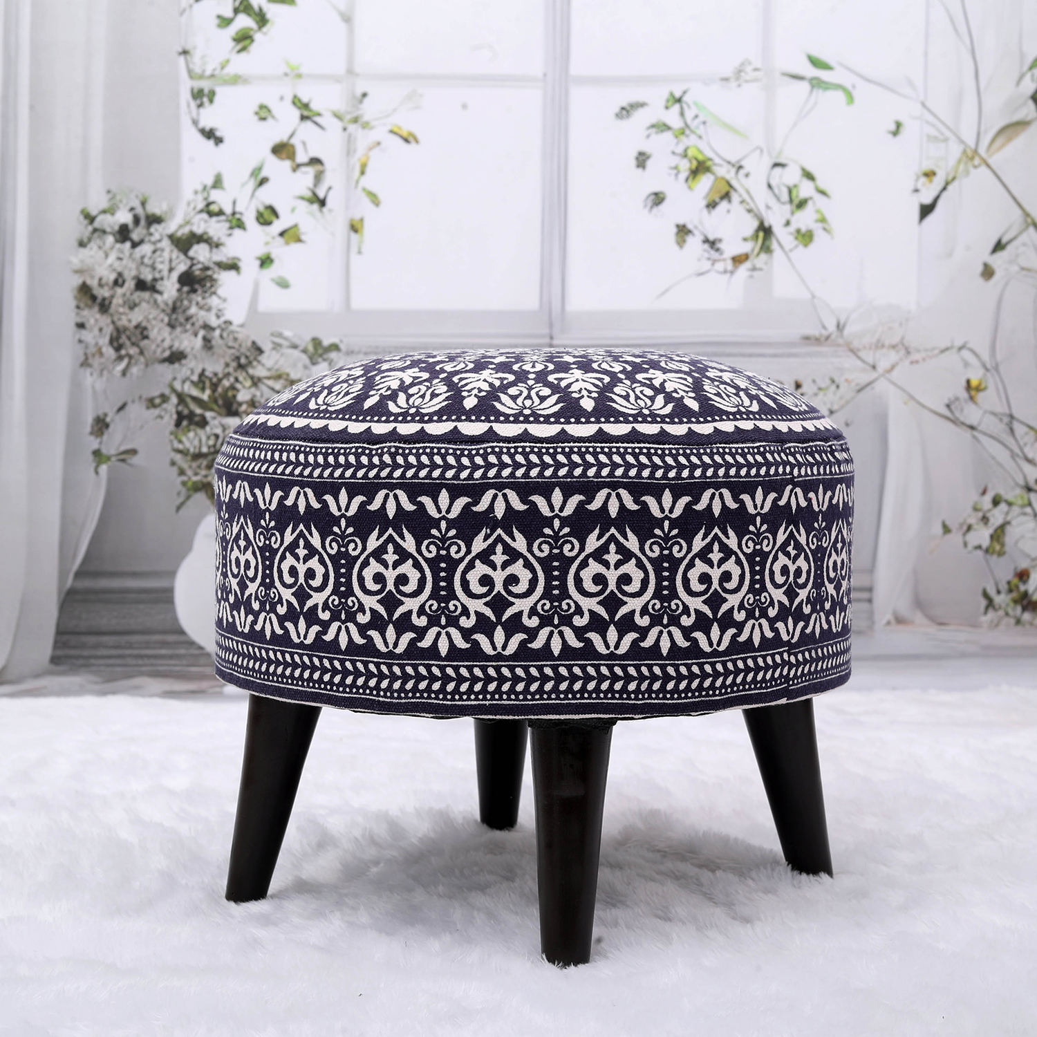 Contemporary Mandala Wooden Tuffet in Blue Color