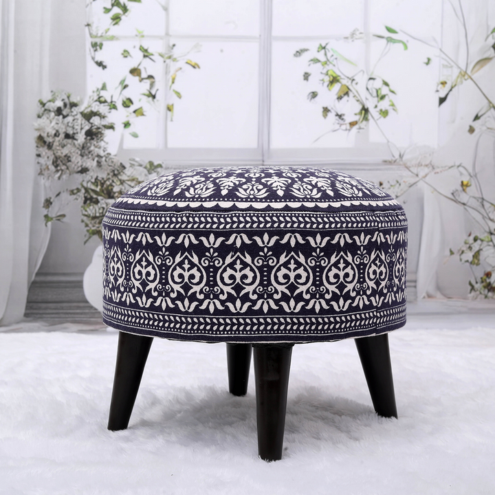 Contemporary Mandala Wooden Tuffet in Blue Color