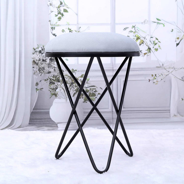 Ultra-modern Cross Leg Matt Black Metal Stool in Grey Cushion