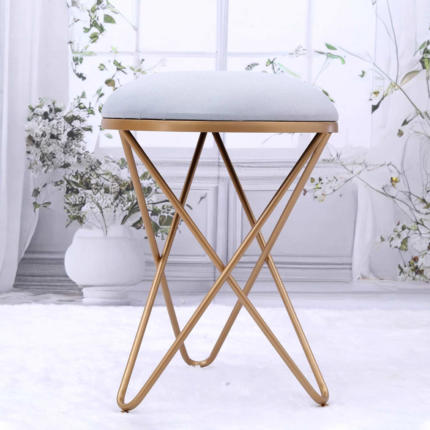 Ultra-modern Cross Leg Golden Metal Stool in Grey Cushion
