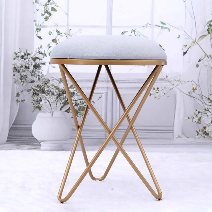 Ultra-modern Cross Leg Golden Metal Stool in Grey Cushion