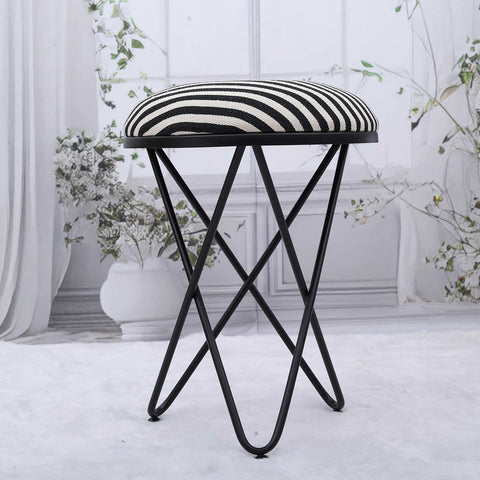 Ultra-modern Cross Leg Matt Black Metal Stool in Black &amp; White Stripe