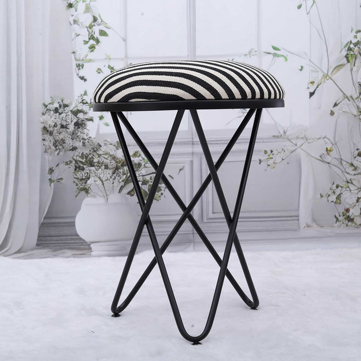 Ultra-modern Cross Leg Matt Black Metal Stool in Black &amp; White Stripe