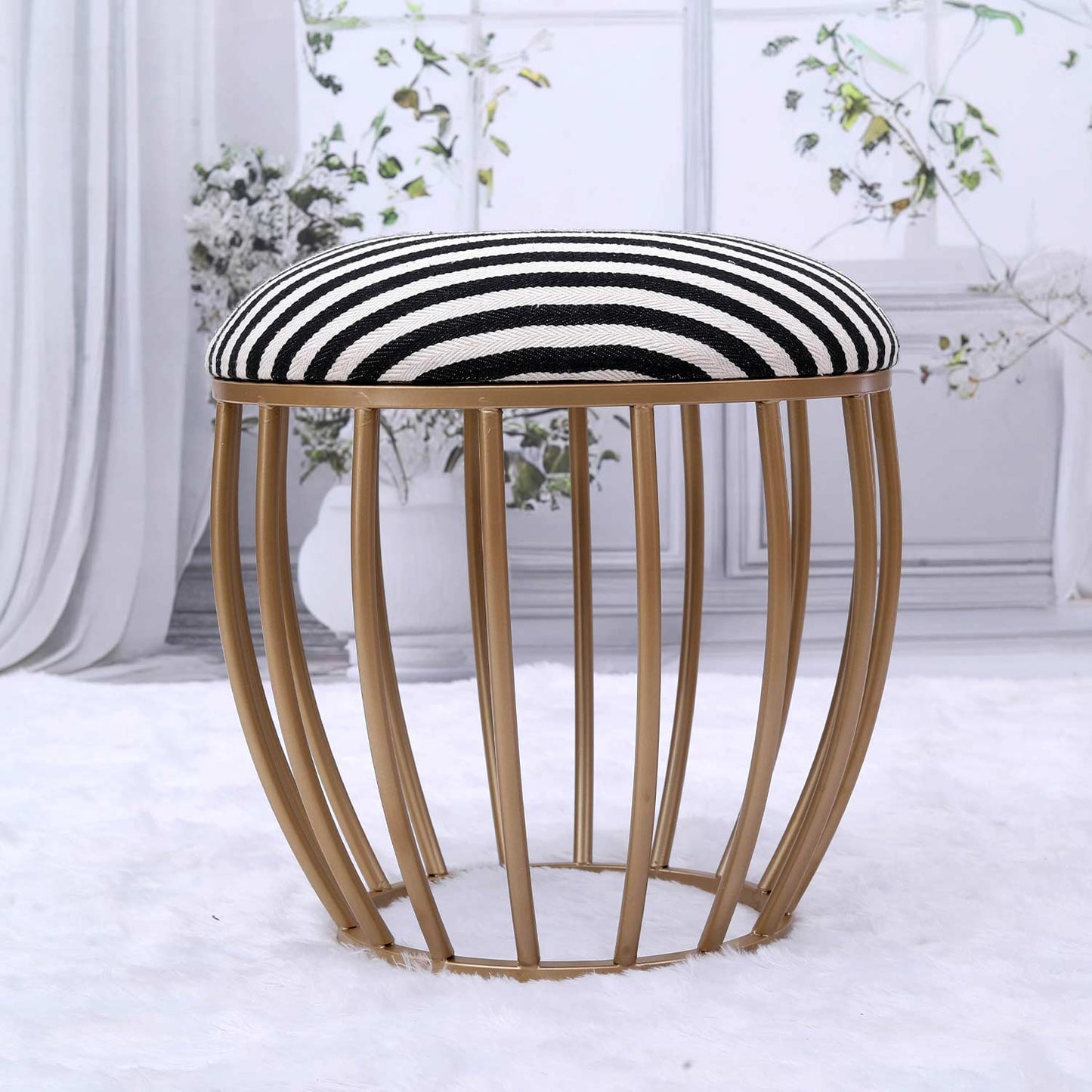 Classic Cage-Style Golden Metal Stool in Black &amp; White Stripe