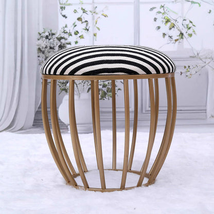 Classic Cage-Style Golden Metal Stool in Black &amp; White Stripe