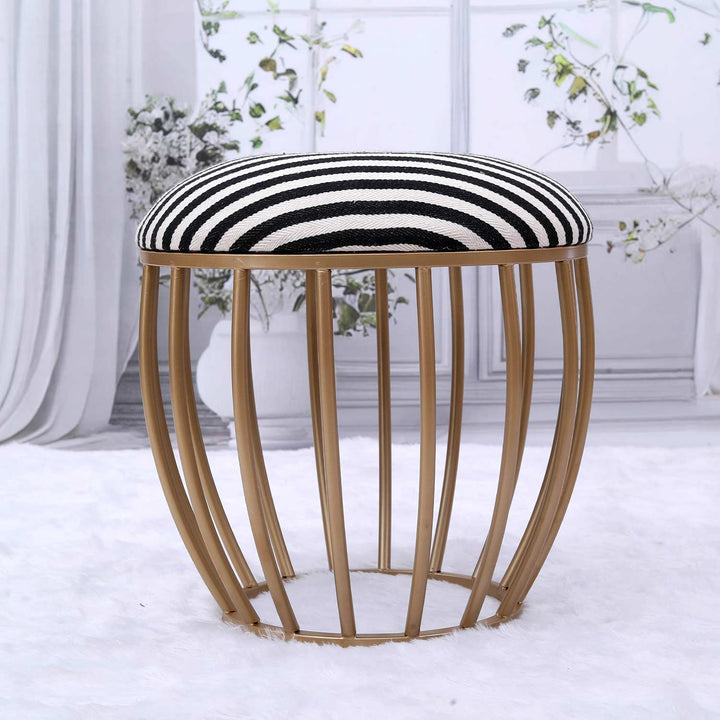 Classic Cage-Style Golden Metal Stool in Black &amp; White Stripe