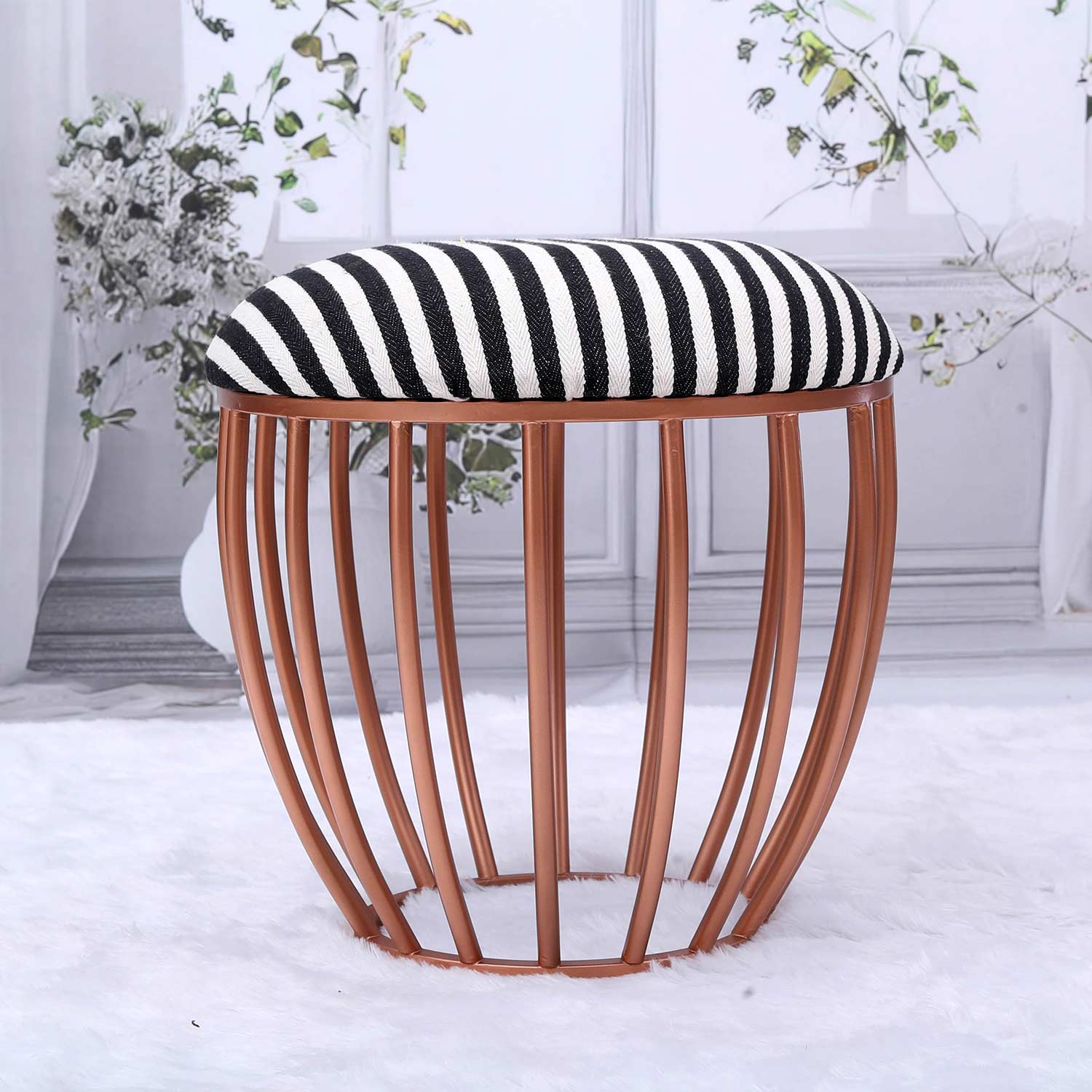 Classic Cage-Style Rose Gold Metal Stool in Black &amp; White Stripe