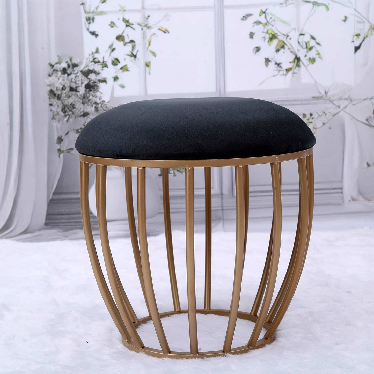Classic Cage-Style Golden Metal Stool in Black Cushion