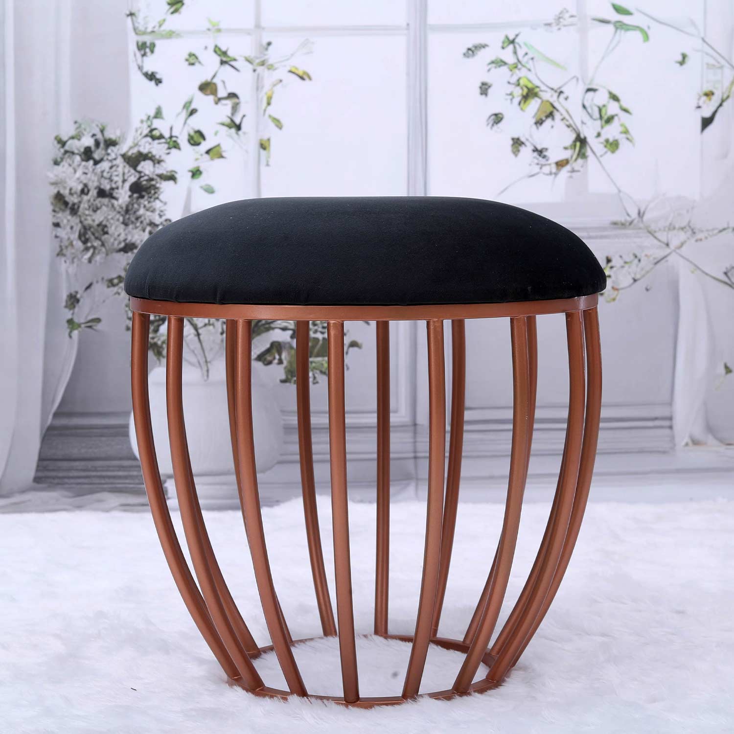 Classic Cage-Style Rose Gold Metal Stool in Black Cushion