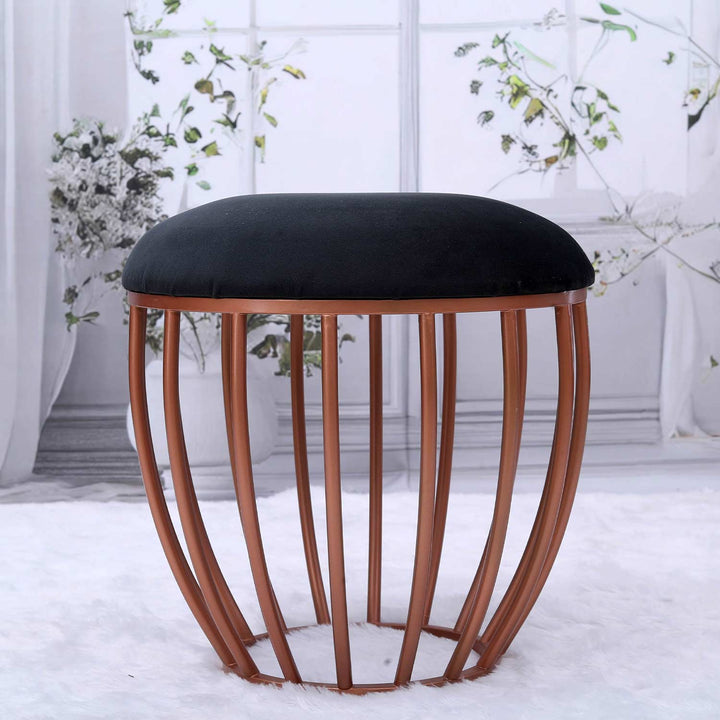 Classic Cage-Style Rose Gold Metal Stool in Black Cushion