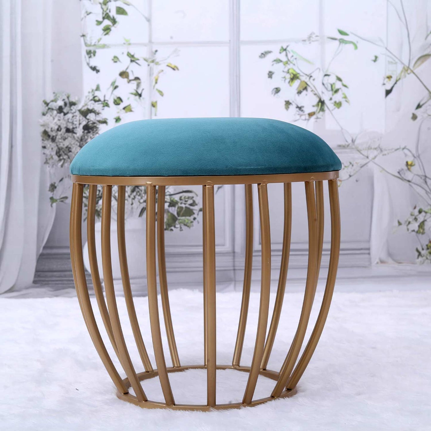 Classic Cage-Style Golden Metal Stool in Teal Blue Cushion