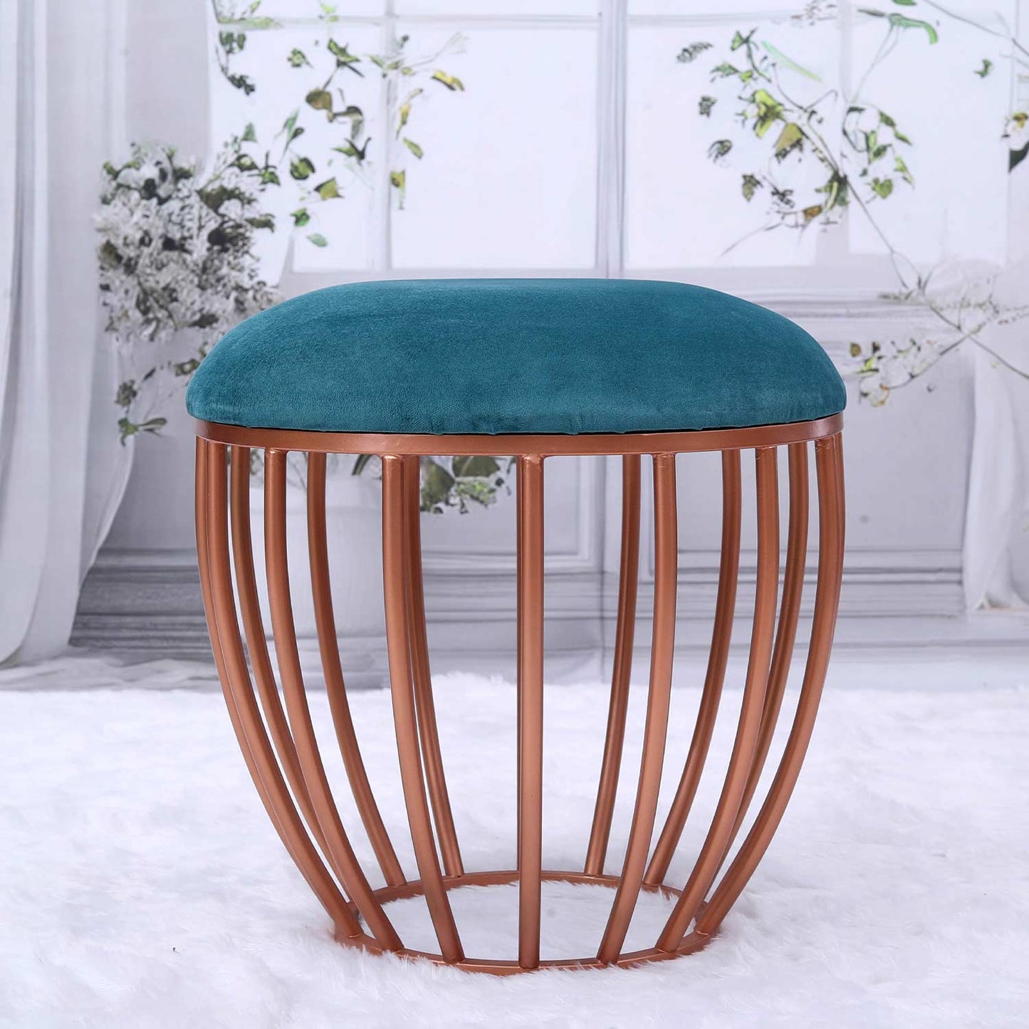 Classic Cage-Style Rose Gold Metal Stool in Teal Blue Cushion