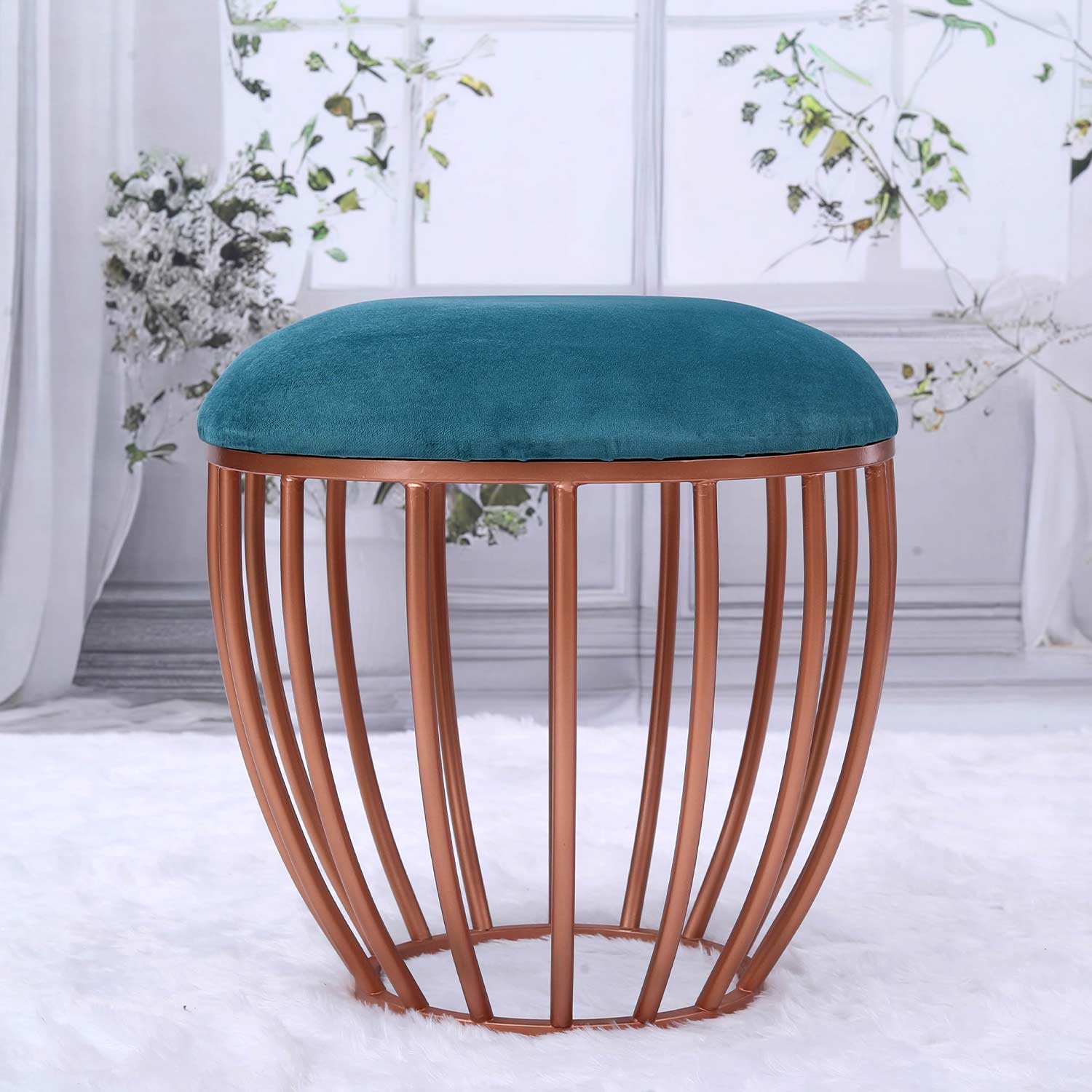 Classic Cage-Style Rose Gold Metal Stool in Teal Blue Cushion