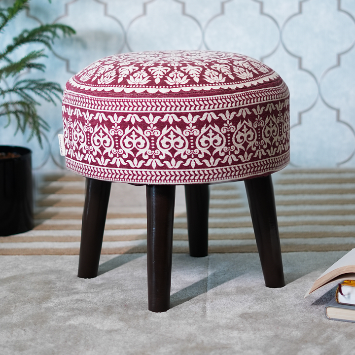 Mandala Wooden Ottoman in Cherry Red Color Set of 1