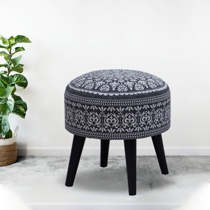 Mandala Wooden Ottoman in Gray Color Set of 1