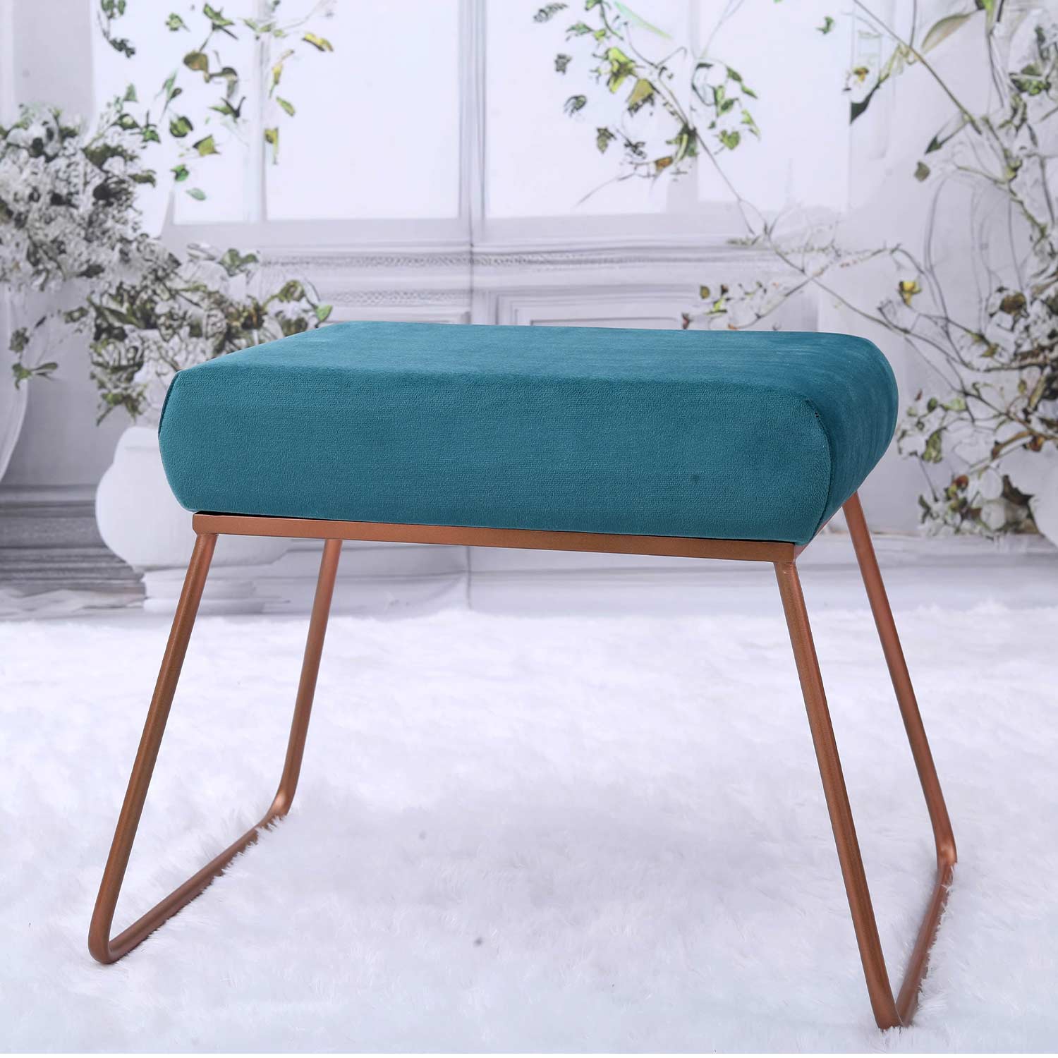 Classy and Compact Rose Gold Metal Stool in Teal Blue Cushion