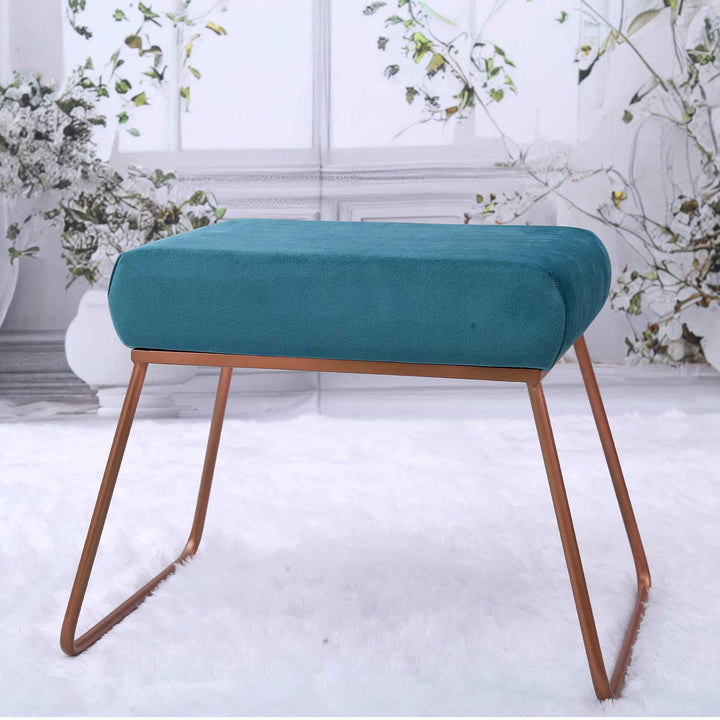 Classy and Compact Rose Gold Metal Stool in Teal Blue Cushion