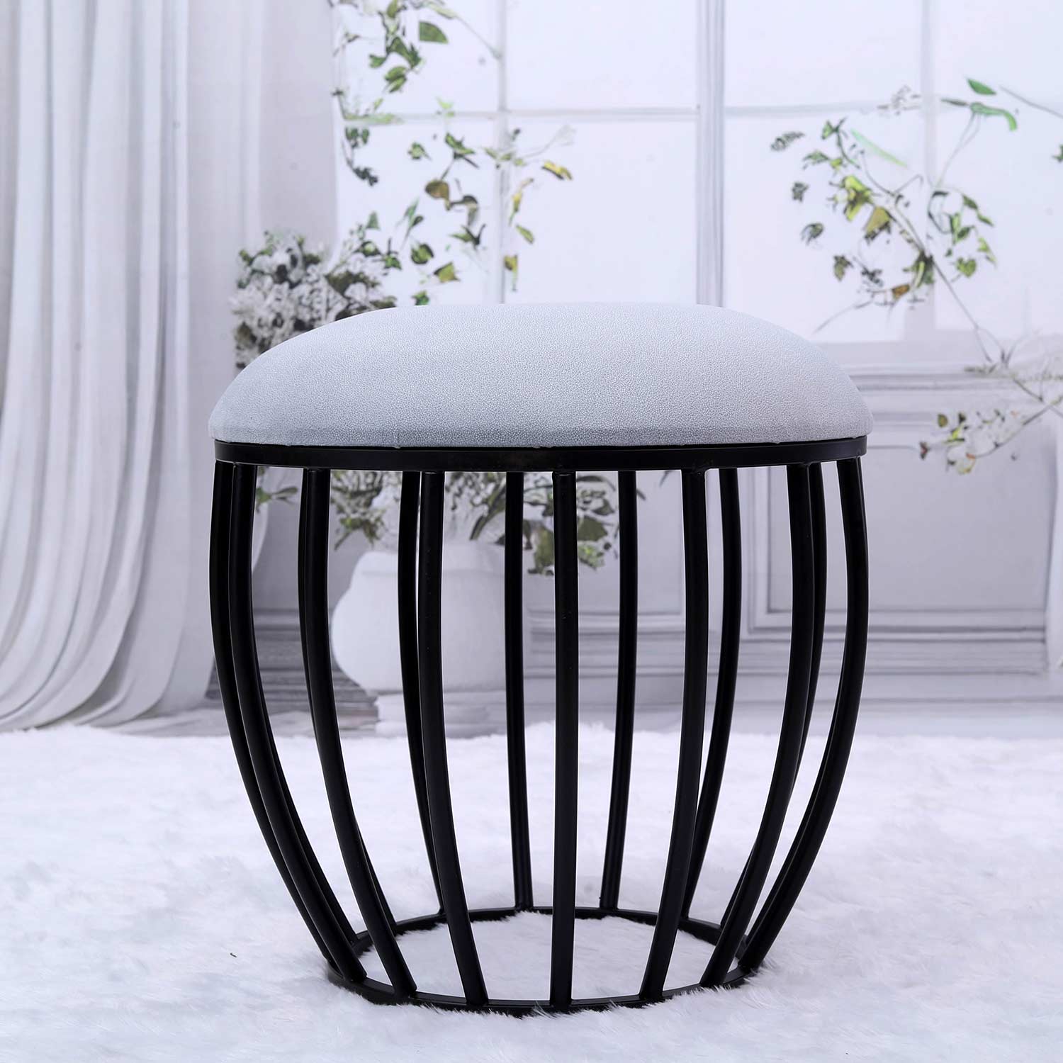 Classic Cage-Style Matt Black Metal Stool in Grey Cushion