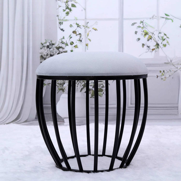 Classic Cage-Style Matt Black Metal Stool in Grey Cushion