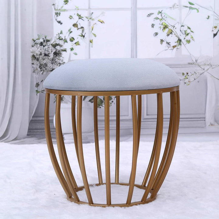 Classic Cage-Style Golden Metal Stool in Grey Cushion