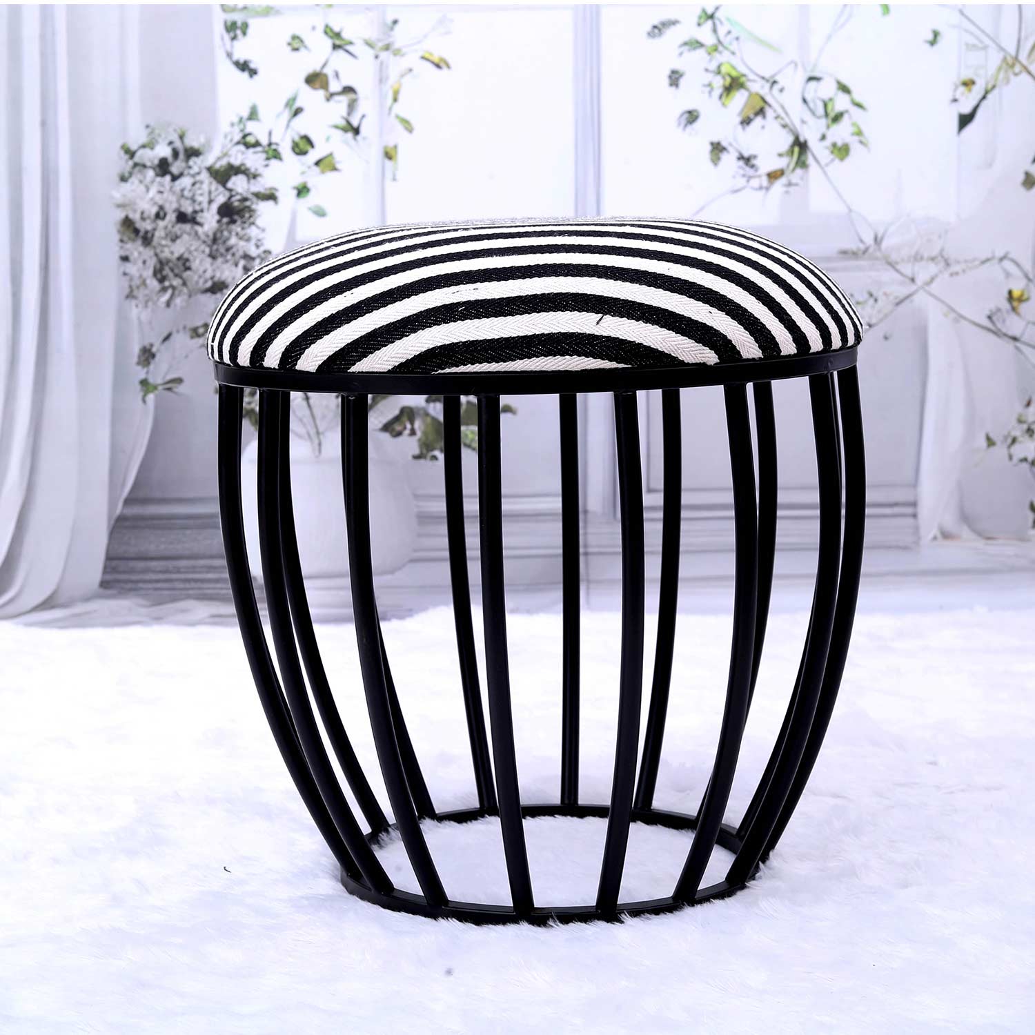 Classic Cage-Style Matt Black Metal Stool in Black &amp; White Stripe