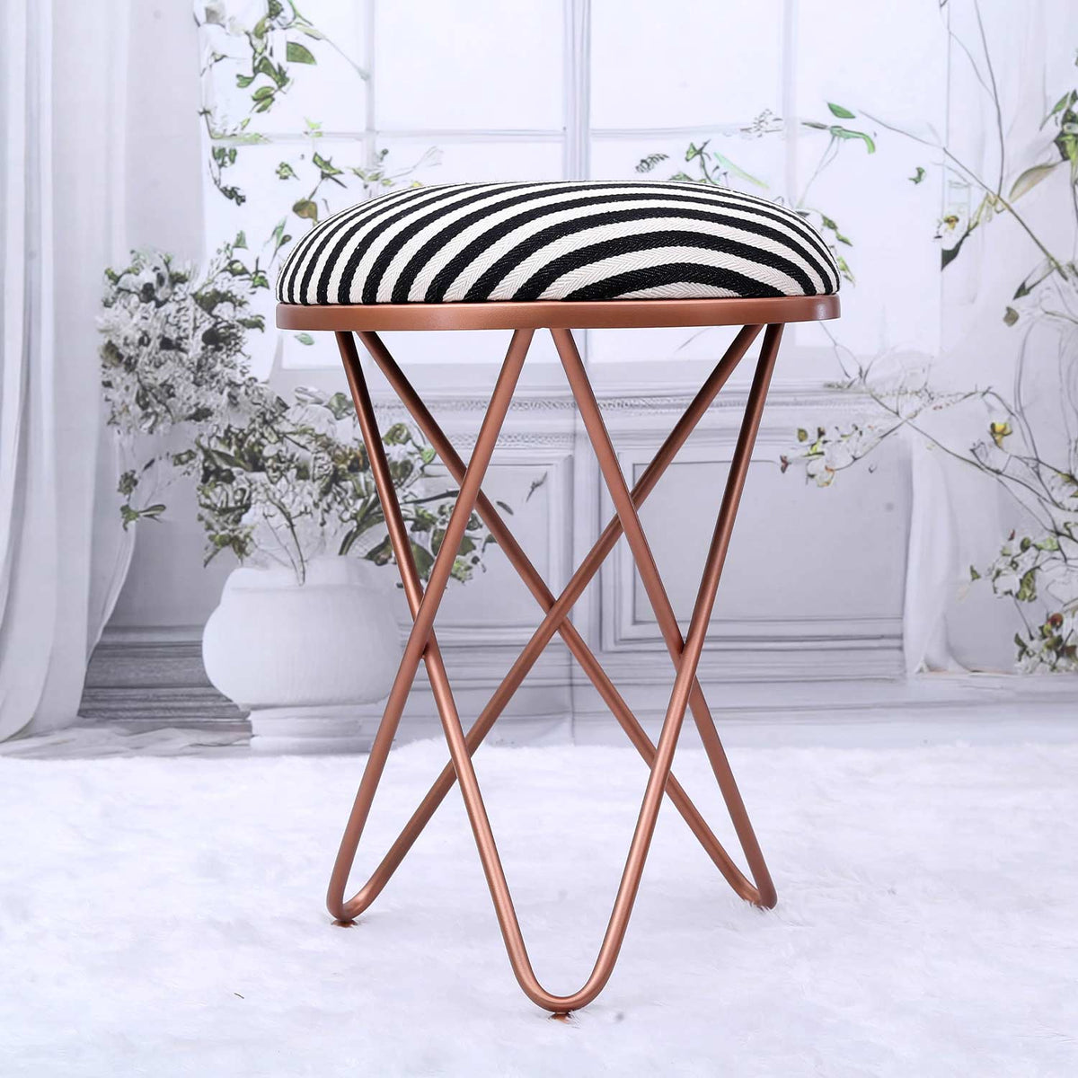 Ultra-modern Cross Leg Rose Gold Metal Stool in Black &amp; White Stripe