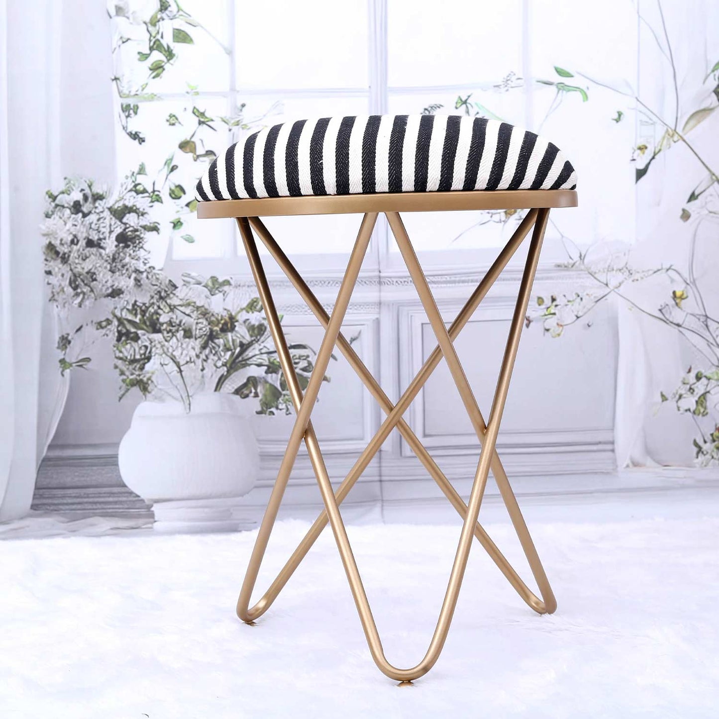 Ultra-modern Cross Leg Golden Metal Stool in Black &amp; White Stripe