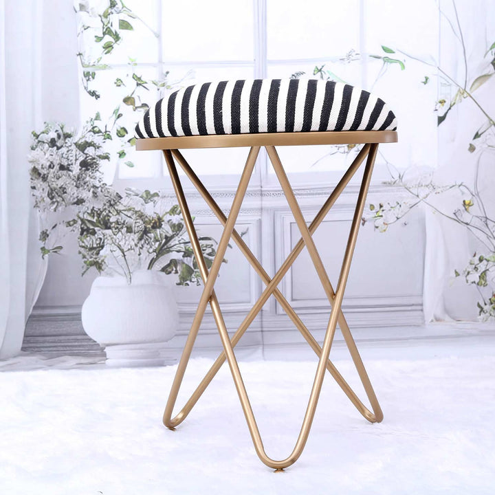 Ultra-modern Cross Leg Golden Metal Stool in Black &amp; White Stripe
