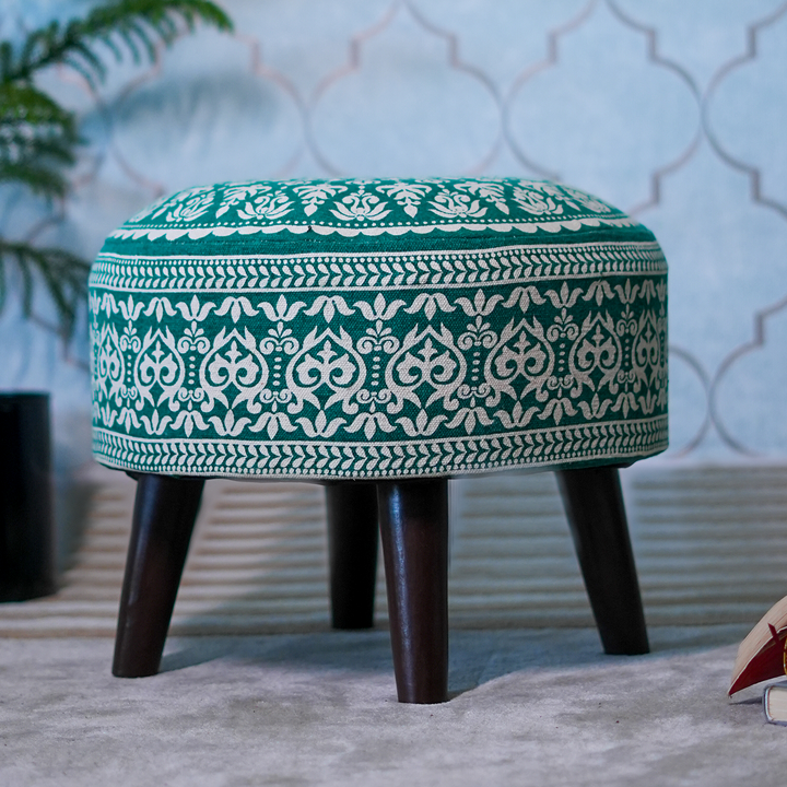 Contemporary Mandala Wooden Tuffet in Teal Blue Color Set of 2