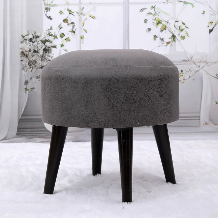 Contemporary Leather Wooden Tuffet in Grey Color Set of 2