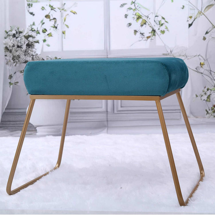 Classy and Compact Golden Metal Stool in Teal Blue Cushion