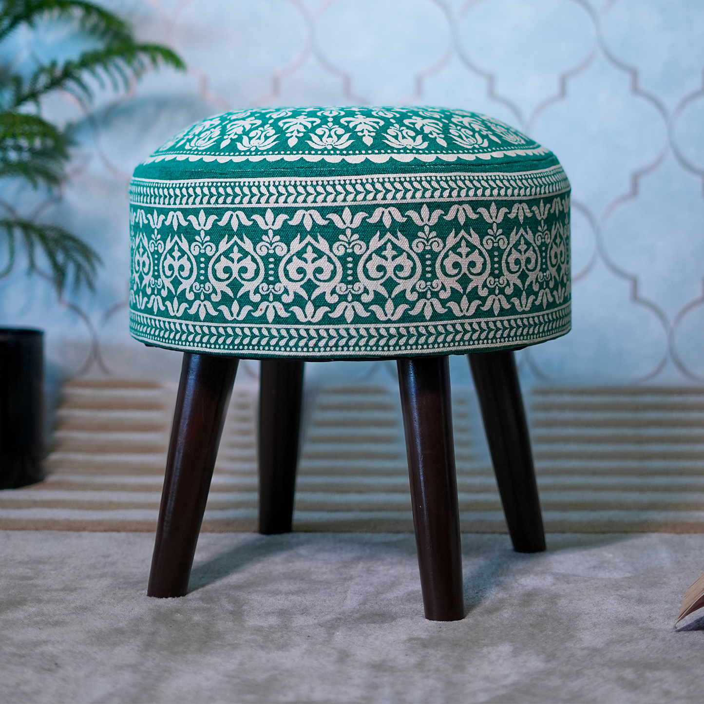 Mandala Wooden Ottoman in Teal Blue Color Set of 2