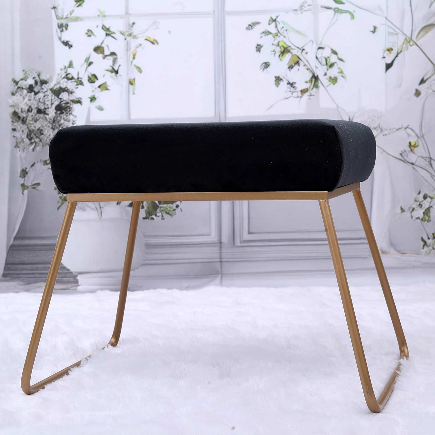 Classy and Compact Golden Metal Stool in Black Cushion