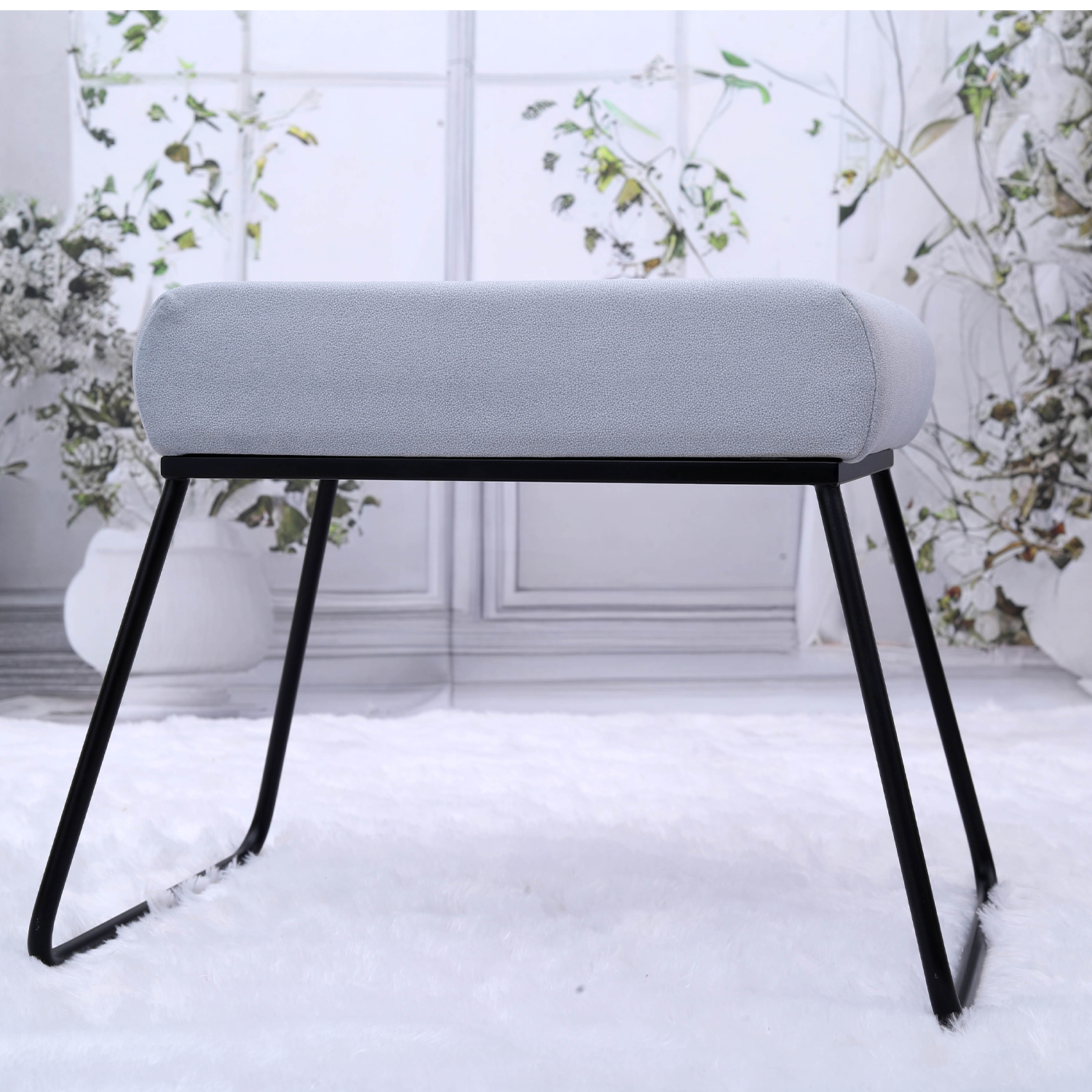 Classy and Compact Matt Black Metal Stool in Grey Cushion