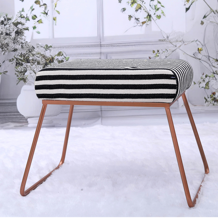 Classy and Compact Rose Gold Metal Stool in Black and White Cushion