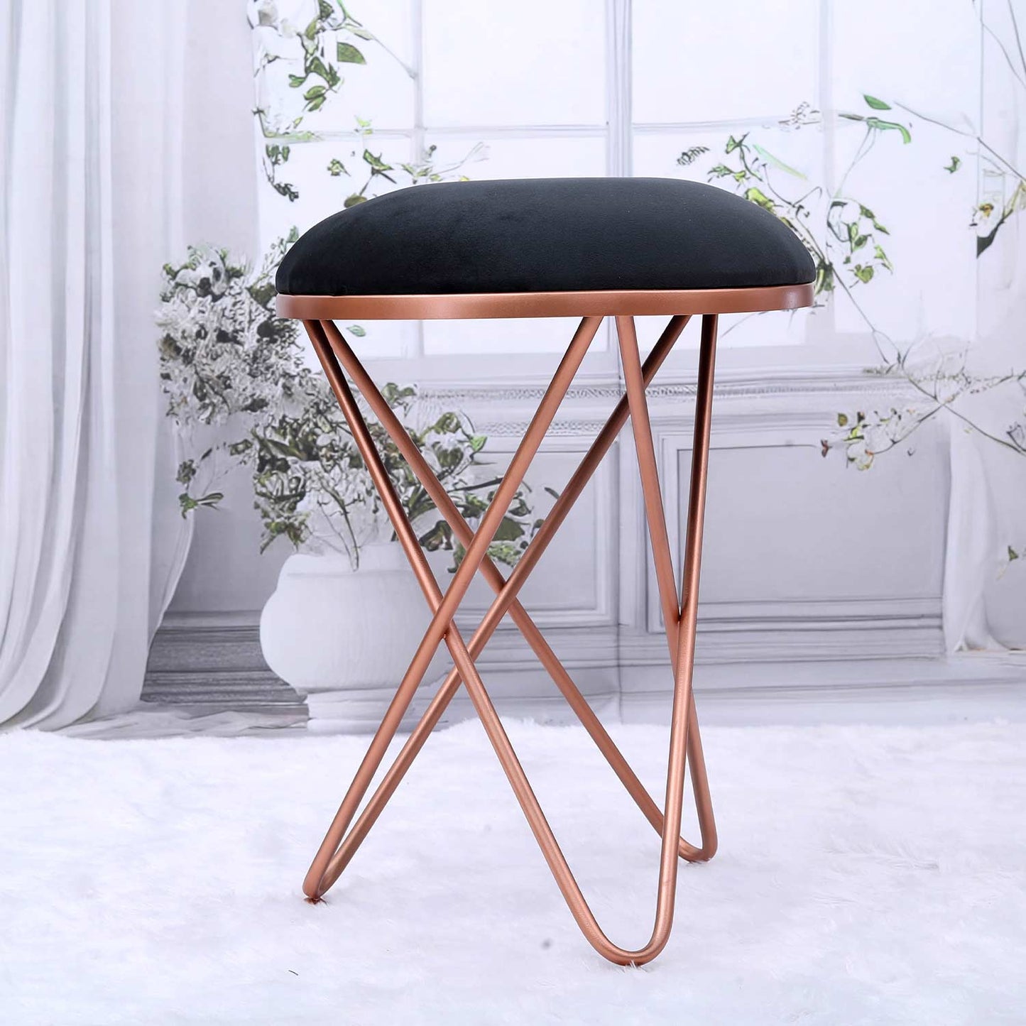 Ultra-modern Cross Leg Rose Gold Metal Stool in Black Cushion