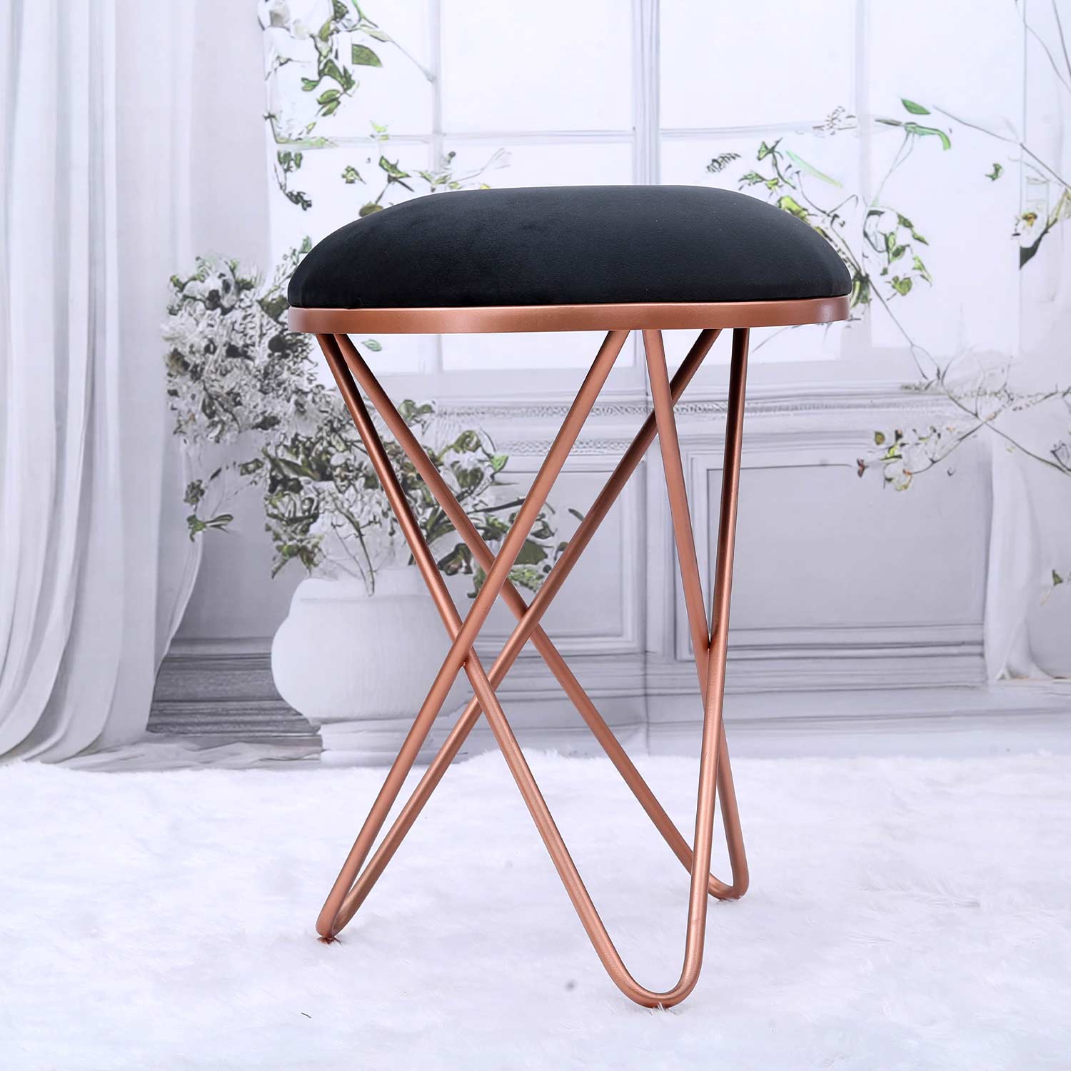 Ultra-modern Cross Leg Rose Gold Metal Stool in Black Cushion