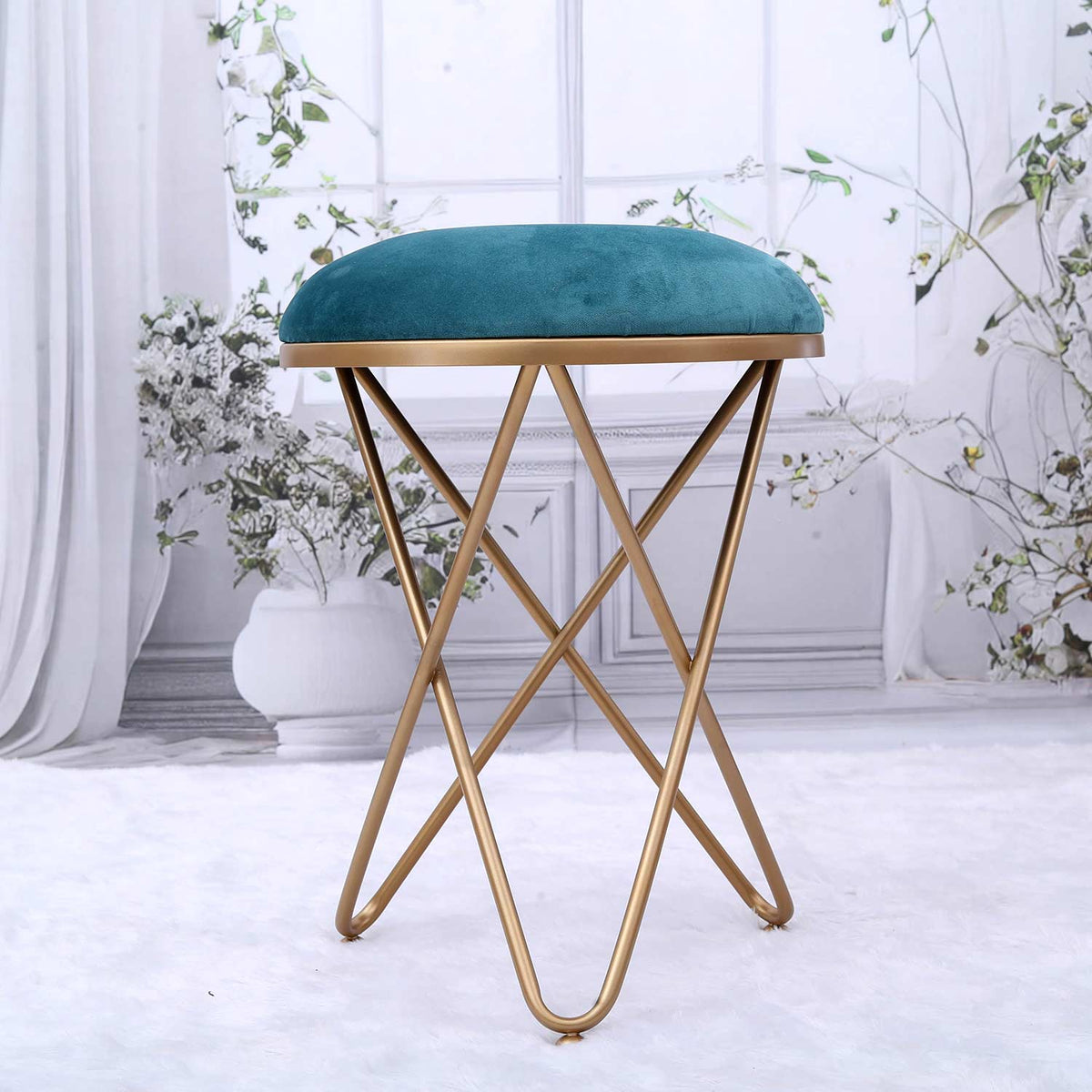 Ultra-modern Cross Leg Golden Metal Stool in Teal Blue Cushion