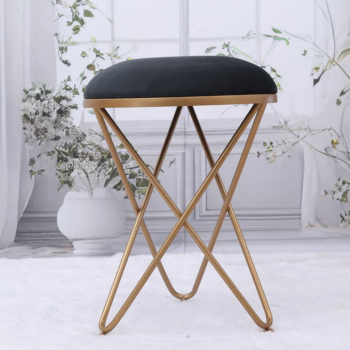 Ultra-modern Cross Leg Golden Metal Stool in Black Cushion