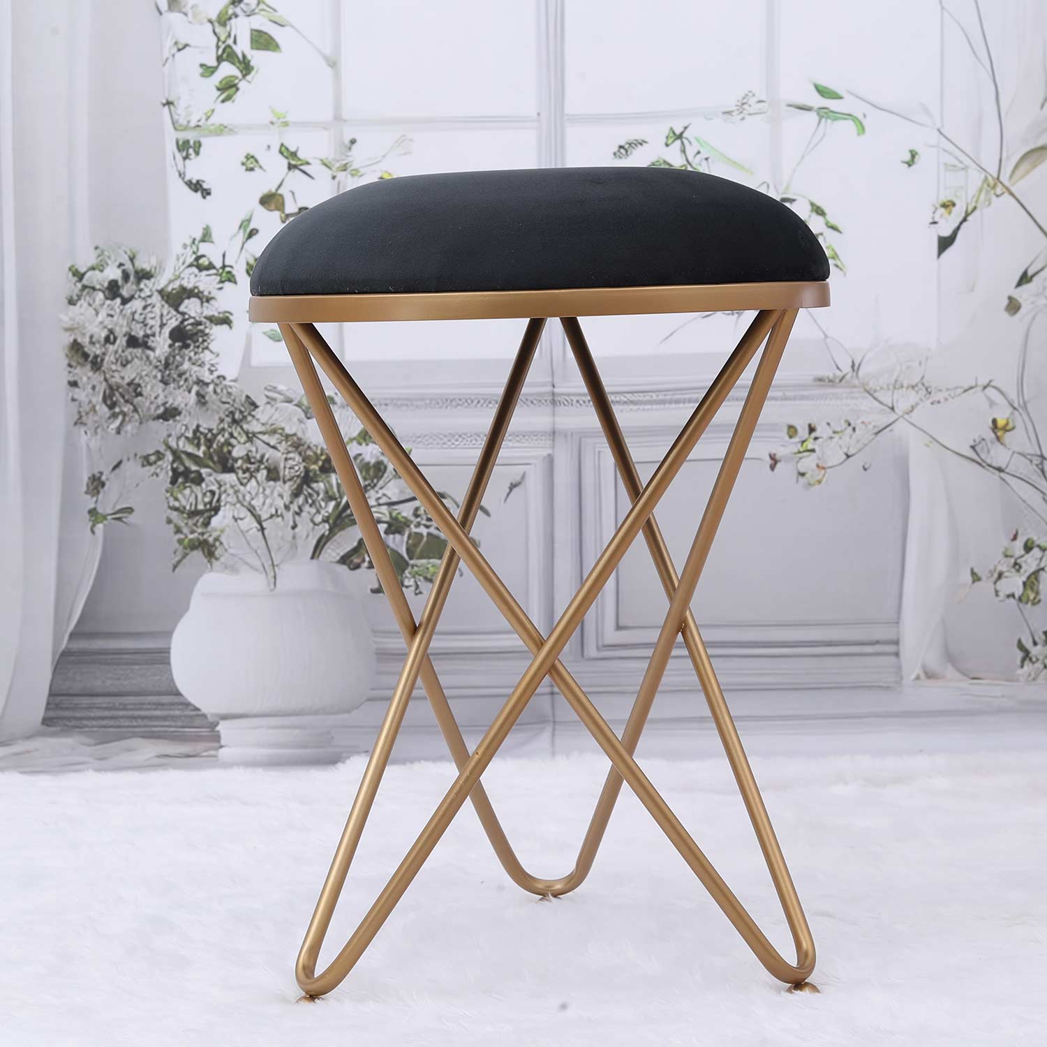 Ultra-modern Cross Leg Golden Metal Stool in Black Cushion