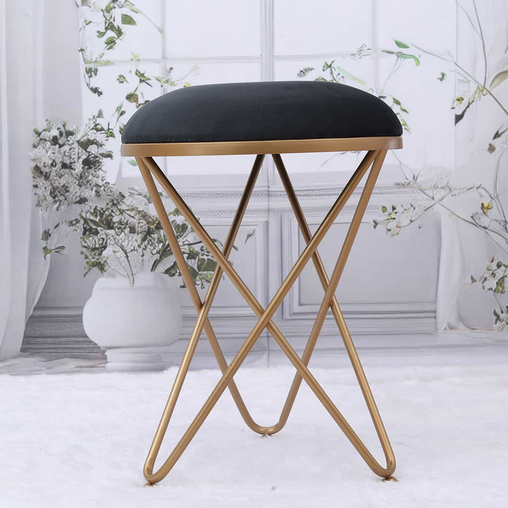 Ultra-modern Cross Leg Golden Metal Stool in Black Cushion