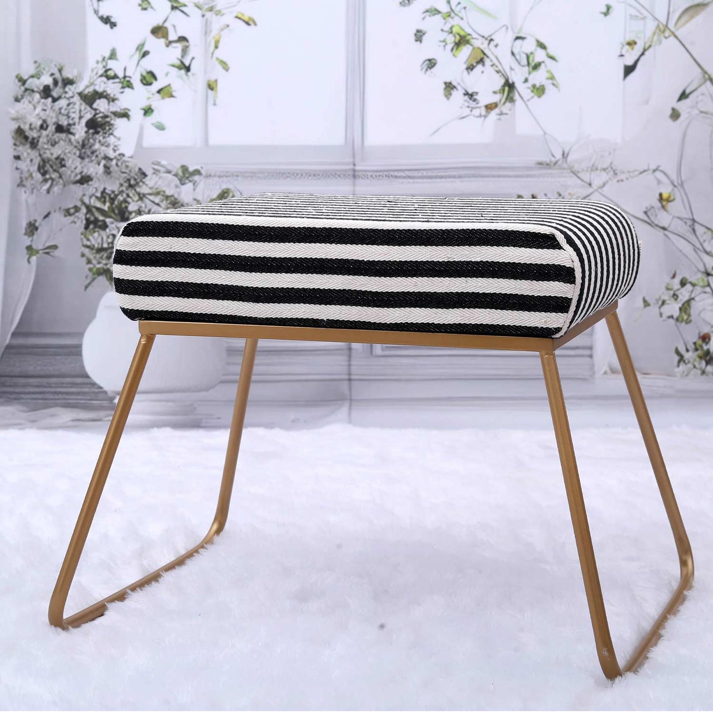 Classy and Compact Golden Metal Stool in Black &amp; White Stripe