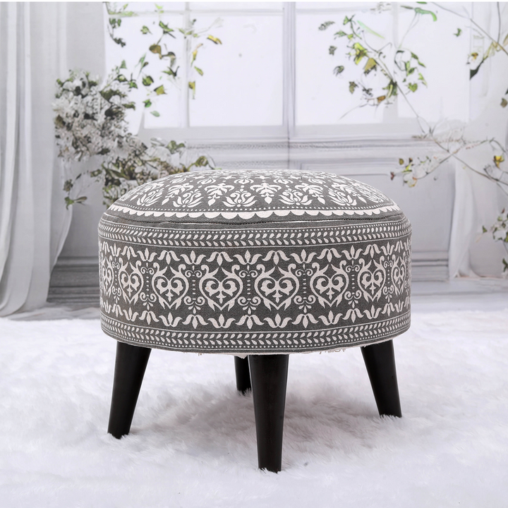 Contemporary Mandala Wooden Tuffet in Grey Color Set of 2